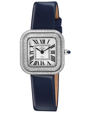 GV2 Bellagio Women's Swiss Made Diamond Watch, Silver-White Dial, Genuine Dark Blue Handmade Leather Strap