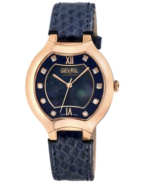 Gevril Women's Lugano Swiss Diamond Blue MOP Dial Genuine Italian Handmade Leather Watch