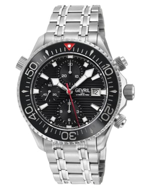 Gevril Men's Hudson Yards Chronograph Swiss Automatic, 316L Stainless Steel Case, Black Enamel Dial,316L Stainless Steel Bracelet Watch.