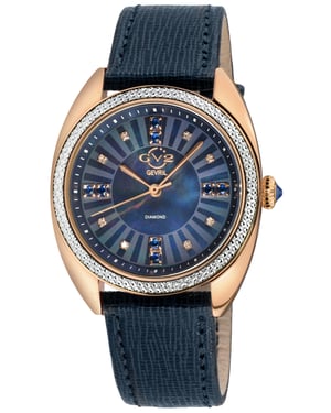 GV2 Women's Palermo Diamond Swiss Quartz MOP Black Dial, Genuine Black Handmade Leather Watch