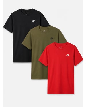 3 Pack Nike Mens Club Futura Embroidery T Shirt in Black / Olive / Red