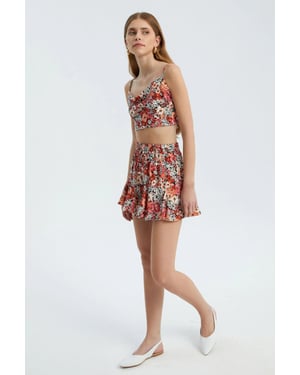 Bloemen Hoge Taille Elastische Taille Ruches Short