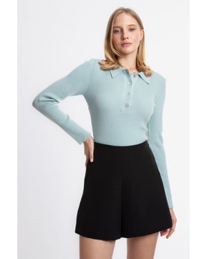 Solid Polo Collar Ribbed Casual Sweater