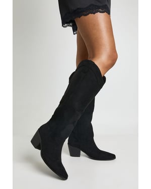 Wide Fit Knee High Heeled Faux Suede Western Cowboy Boots