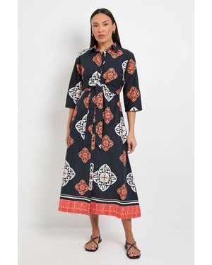 Tile Print Tie Front Midi Shirt Dress