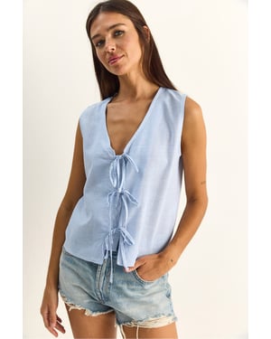 Gestreepte V-hals Blouse met Strikdetail