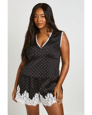 Plus Polka Dot Contrast Lace Plunge Top