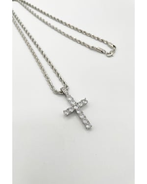 Diamante Cross Pendant Necklace in Silver