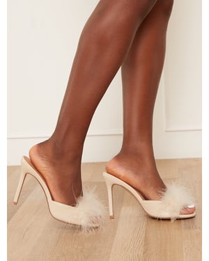 High Heel Fluffy Mules in Cream