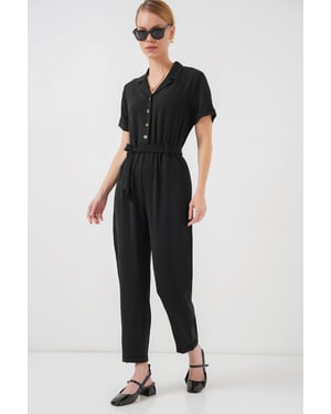 Effen Geweven Jumpsuit met Kraag en Strikdetail