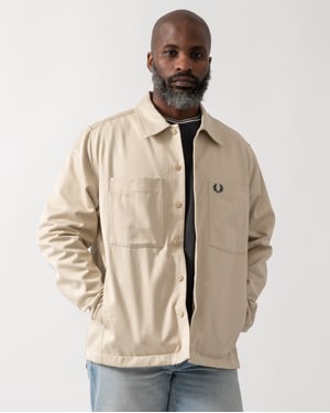 Regular Fit Long Sleeve Twill Overshirt in Beige