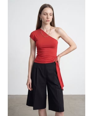 Slim Fit Off-Shoulder Jersey Blouse met Strikdetail
