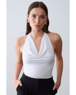 Sleeveless Cowl Neck Tie Blouse