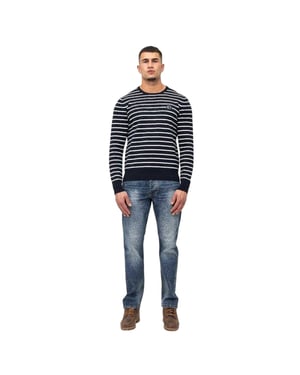 Marshall Artist Heren Gestreepte Ribgebreide Sweater Top (Marine)
