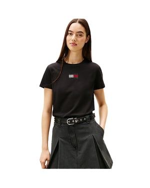 Tommy Jeans Dames-T-shirt met strass-logo, normale pasvorm (Zwart)