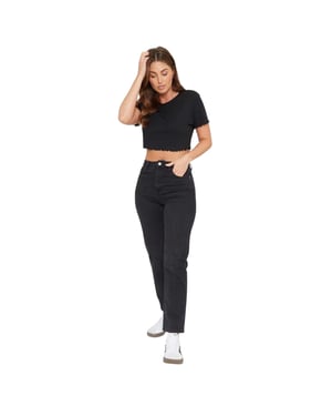 Be You Dames/Dames Effen Geribd Regular Crop T-shirt (Zwart)