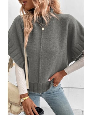 Medium Grey Mock Neck Batwing Short Sleeve Knit Sweater