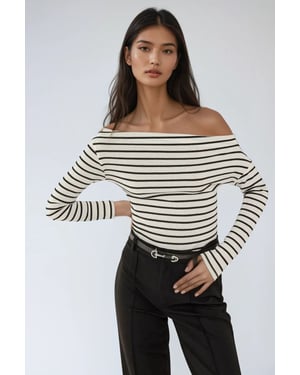 Off-Shoulder Gestreepte Ribbels Lange Mouw Top