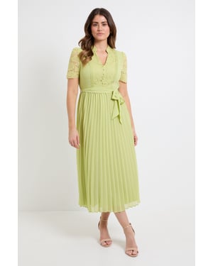 Lace Collarless Pleated Midi Dress