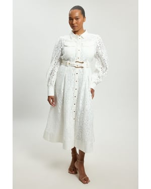 Plus Size Cotton Cutwork Woven Shirt Midi Dress