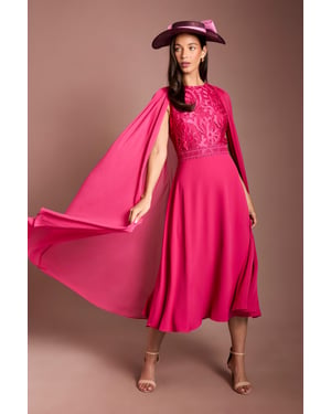 Lisa Tan Cape Sleeve Lace Midi Dress