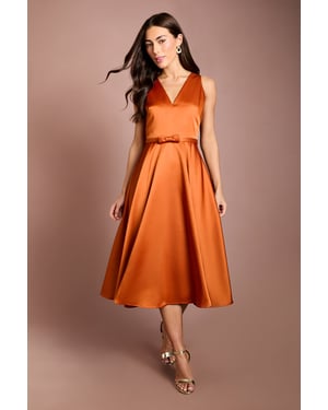 Bow Trim V Neck Volume Skirt Midi Dress
