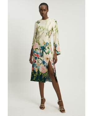 Floral Print Viscose Satin Crepe Woven Midi Dress