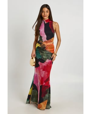 Bright Floral Ruched Bodice Open Back Maxi Dress