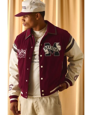 Regular Fit Cord Applique PU Sleeve Varsity Jacket
