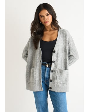 Grey Cable Patch Pocket Knitted Cardigan