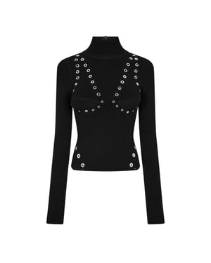 Off White Dames-top met oogjes en hoge kraag (Zwart)