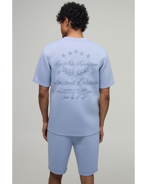 Embroidered Limited Edition Regular Fit Bonded Scuba T-Shirt & Slim Pintuck Short Set
