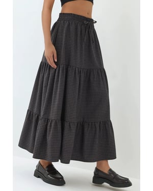 Elastische Taille Gecontroleerde Geknoopte Laagjes Maxi Rok