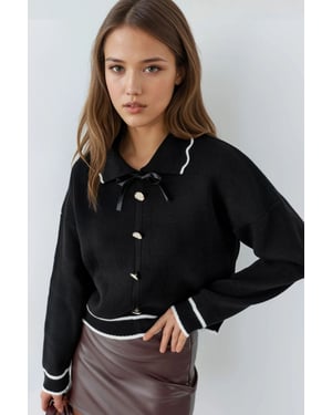 Textured Polo Neck Knit Sweater with Ribbon Detail