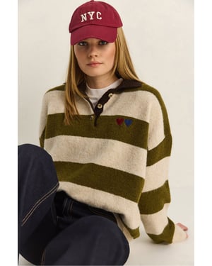 Oversized Gestreept Polo Kragen Sweater met Borduring