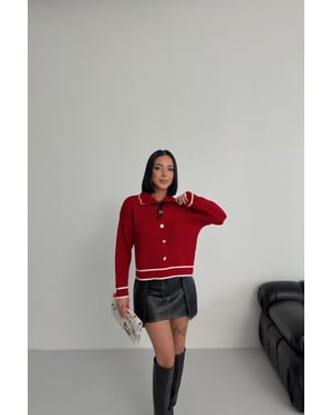 Textured Polo Neck Knit Sweater with Ribbon Detail