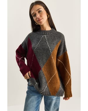 Oversized Gebreid Diamantpatroon Sweater