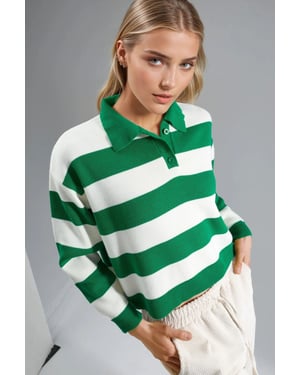 Striped Knit Polo Collar Sweater