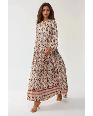 Geprinte V-hals Maxi-jurk met Knopen