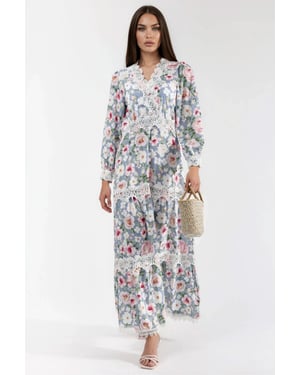 Maxi-jurk met V-hals en bloemenkantdetails