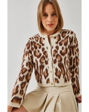 Leopardprint Gebreide Cardigan met Knopen Sluiting