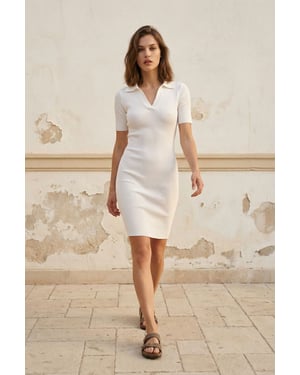Geribbelde Polo Kraag Midi Jurk