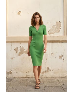 Geribbelde Polo Kraag Midi Jurk