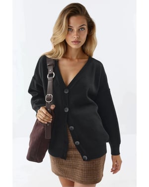 Oversized Geribbelde V-hals Knopen Cardigan