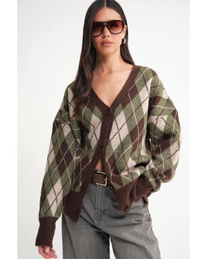 Oversized Argyle V-hals Knopen Cardigan