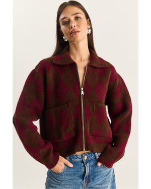 Thick Jacquard Knit Cardigan with Zipper