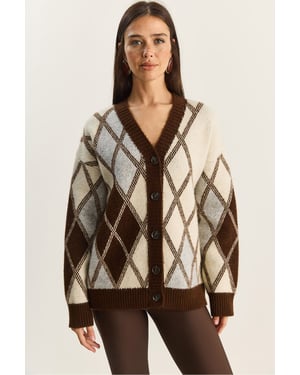 Thick Jacquard Knit Cardigan with V-neck and Button Closure