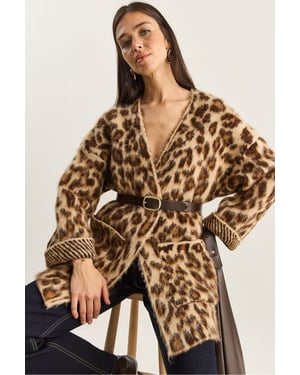 Oversized lång cardigan med leopardmönster och fickor