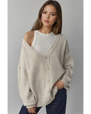Oversized Geribbelde V-hals Knopen Cardigan