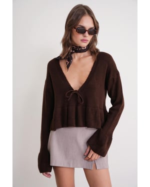 Tie Detailed Ruffled V-Neck Knit Sweater